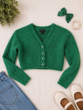 Art Class Green Fuzzy Cropped Cardigan Girls 6X